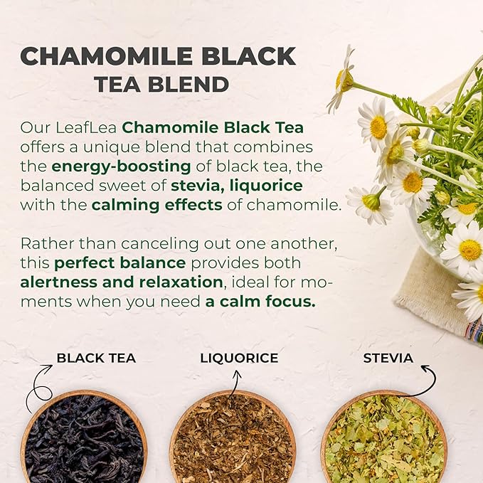LeafLea Chamomile and Black Tea Blend, Chamomile Tea Bags, Black Tea & Pure Camomile Flowers, Manzanilla Tea Bags Stress Relief, Vegan, Supports Digestion, Ideal Wellness Gift Box | 80 Bags