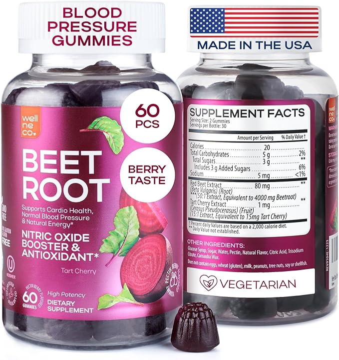 Beet Chews for High Blood Pressure - Beet Root Gummies Made in USA with Tart Cherry - Nitric Oxide Supplements for Energy and Cardio Health - Vegan, No GMO, Pectin Based - for Women and Men