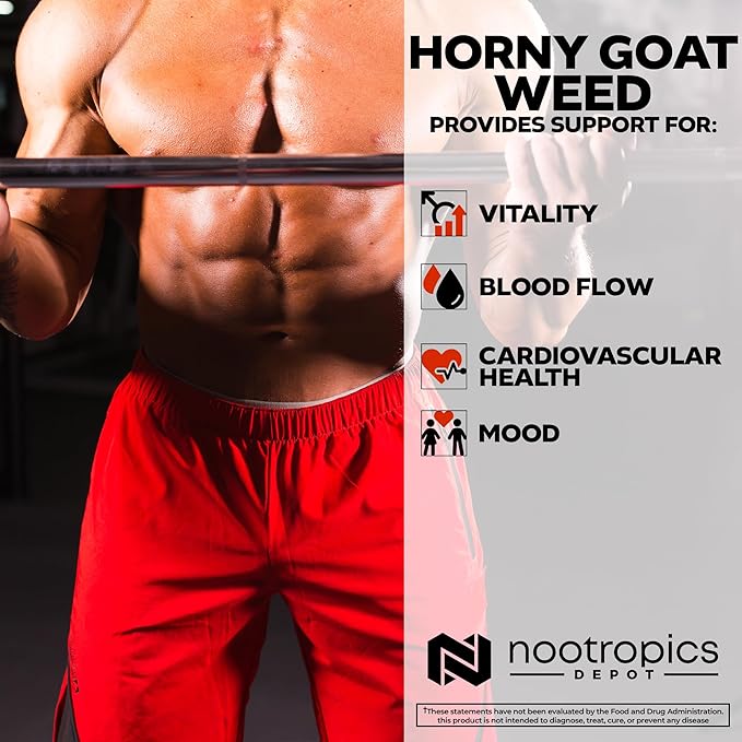 Nootropics Depot Horny Goat Weed Capsules | 200mg | 90 Count | Minimum 50% Icariin | Epimedium brevicornum