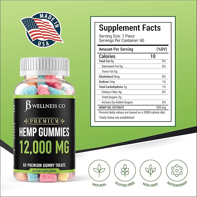 [2-Pack] – Hemp Gummies Premium 12,000 – Inflammation – Vitamins & Omega 3,6,9 – Made in The USA (120 Count) – [2-Pack]