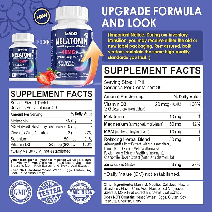 Melatonin 40 mg for Adults - Fast Dissolve & Chewable Sublingual Sleep Supplement - Extra Strength Melatonin with Vitamin D3 & MSM, Selenium for Health Rest Cycle, Deep Zzzs, Sugar-Free, 180 Servings