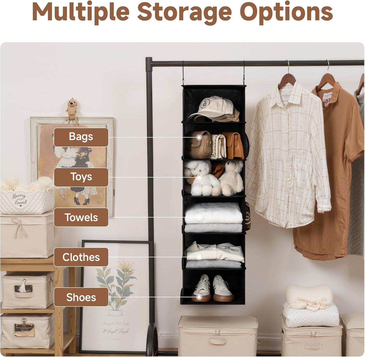 StorageWorks 6-Shelf Hanging Closet Organizers, Foldable Closet Storage Organizer with 2 Side Pockets, Portable Hanging Shelves for Wardrobe, Kid's Rooms, Dorms, RVs, 12" D x 12" W x 47 1⁄2" H, Black