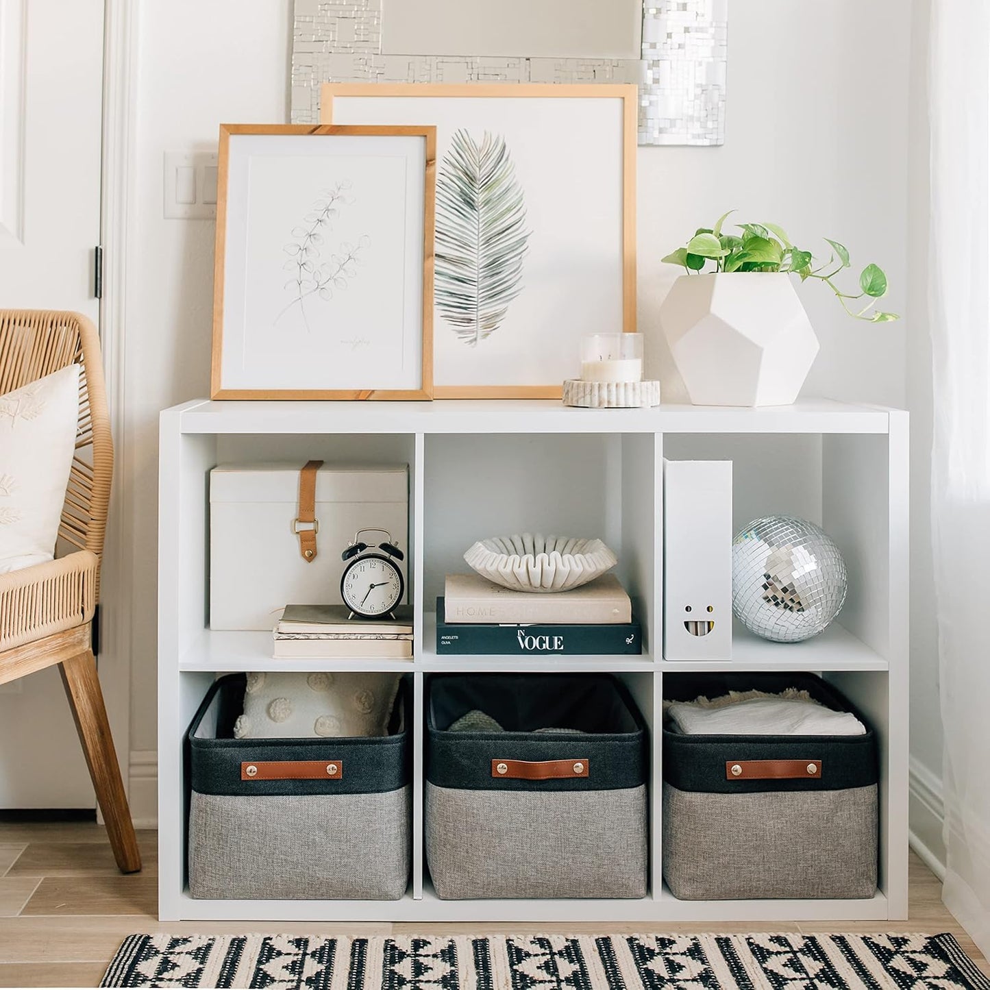 OrganiHaus Extra Large Fabric Storage Baskets for Shelves 3 Pack, 16x13in Closet Storage Bins for Shelves, Canvas Baskets for Organizing, Linen Closet Organizers, Cloth Basket, Gray/Black