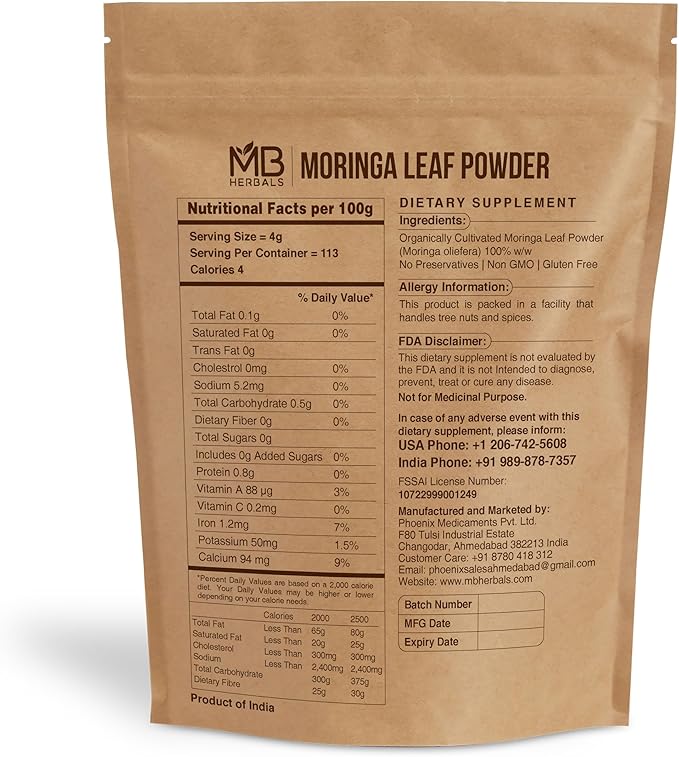 MB Herbals Moringa Leaf Powder 1 lb / 16 oz (454 Gram) | 100% Pure Moringa Powder | Easily Mixes in Drinks & Smoothies | No Preservatives