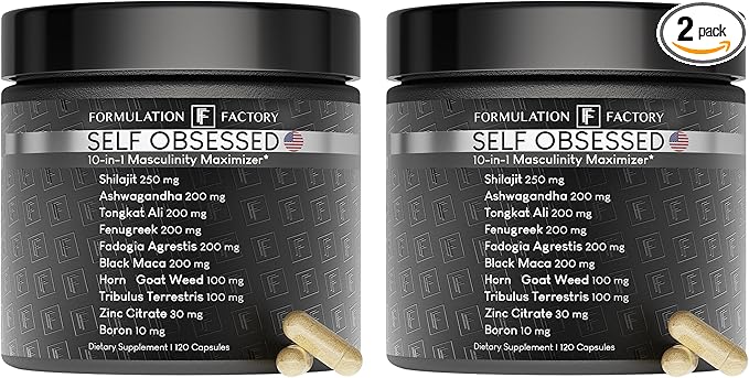 Self Obsessed 10 in 1 Masculinity Maximizer Supplement, Shilajit for Men, Tongkat Ali, Ashwaganda, Fenugreek & More, Muscle Growth, Energy Management, Strength, Recovery 4-Month Supply (Pack of 2)