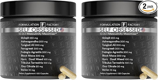 Self Obsessed 10 in 1 Masculinity Maximizer Supplement, Shilajit for Men, Tongkat Ali, Ashwaganda, Fenugreek & More, Muscle Growth, Energy Management, Strength, Recovery 4-Month Supply (Pack of 2)