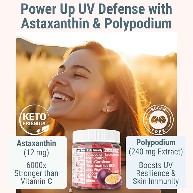 Astaxanthin Polypodium Leucotomos Zinc Picolinate Lycopene Vitamin E B3 Nicotinamide Silica Gummies 500-mg 12-mg 20-mg 24-mg 30-mg 15-mg 50-mg 5-mg Astaxantina Asthantaxin Caroten Carotin Supplement
