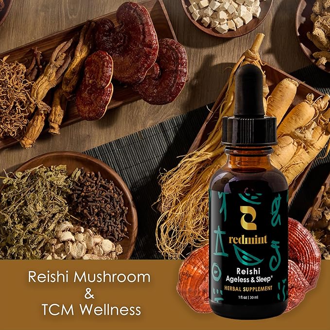 Redmint Reishi Mushroom Herbal Tincture - Ageless & Sleep | Natural Mushroom Supplement with TCM Herbs Dong Quai, Schisandra for Restful Sleep, Immune Support, Relaxation,Skin Health| 1 fl oz
