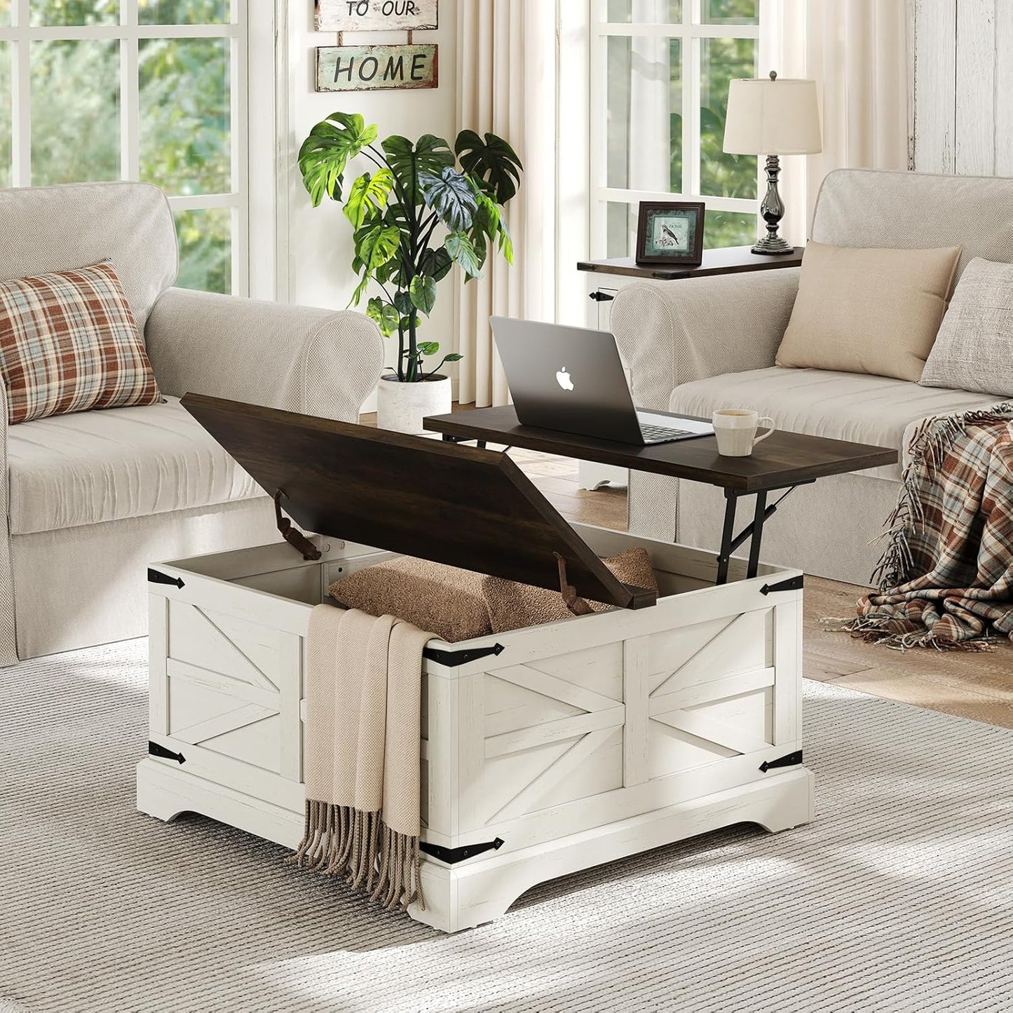 Furnideco Farmhouse Lift Top Coffee Table, Square Wood Center Table with Large Hidden Storage Compartment for Living Room, Rustic Cocktail White Modern Table with Hinged Lift Top, Brown Top