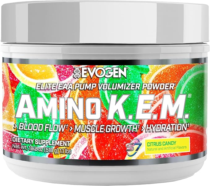 Evogen Amino K.E.M. - EAA & BCAA Powder Pump Volumizer | BCAAs Amino Acids Supplement for Blood Flow, Muscle Growth, & Hydration | Citrus Candy | 30 Servings