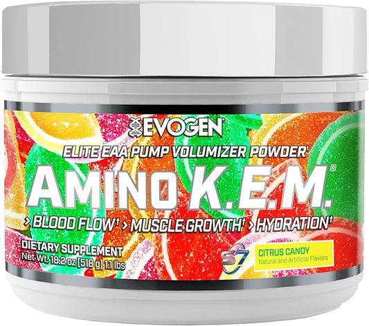 Evogen Amino K.E.M. - EAA & BCAA Powder Pump Volumizer | BCAAs Amino Acids Supplement for Blood Flow, Muscle Growth, & Hydration | Citrus Candy | 30 Servings