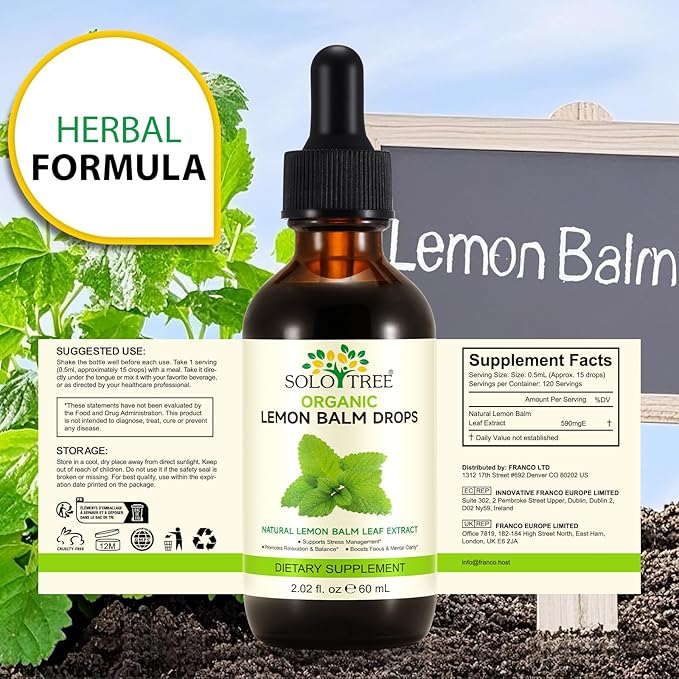 Organic Lemon Balm Extract Drops, Organic Lemon Balm Tincture, Digestive Relief & Anti-Bloat Support, Alcohol-Free, Vegan, Non-GMO, Gluten-Free - 60ml (2PCS)