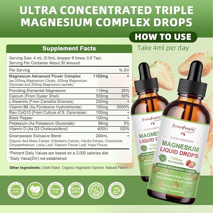 Magnesium Glycinate Liquid Drop - 17-in-1 Triple Absorption Magnesium Supplement with Magnesium Glycinate 400mg & Citrate 500mg for Muscle & Sleep,4 fl. oz Strawberry Flavor-2 Pack