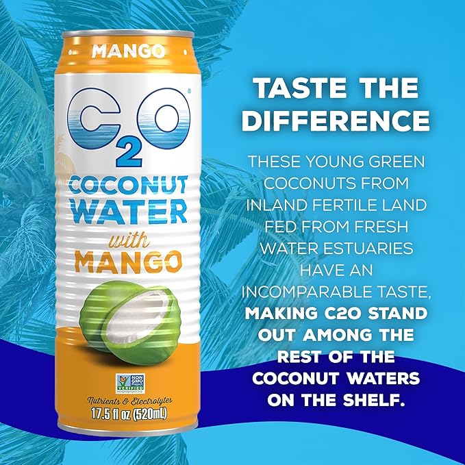 C2O - Coconut Water with Mango (12 Pack) - Made with Fresh Coconut Water - Plant Based - Non GMO - Canned Water - Natural Hydration, Essential Electrolytes, & Potassium - 12 Cans, 17.5 FL OZ
