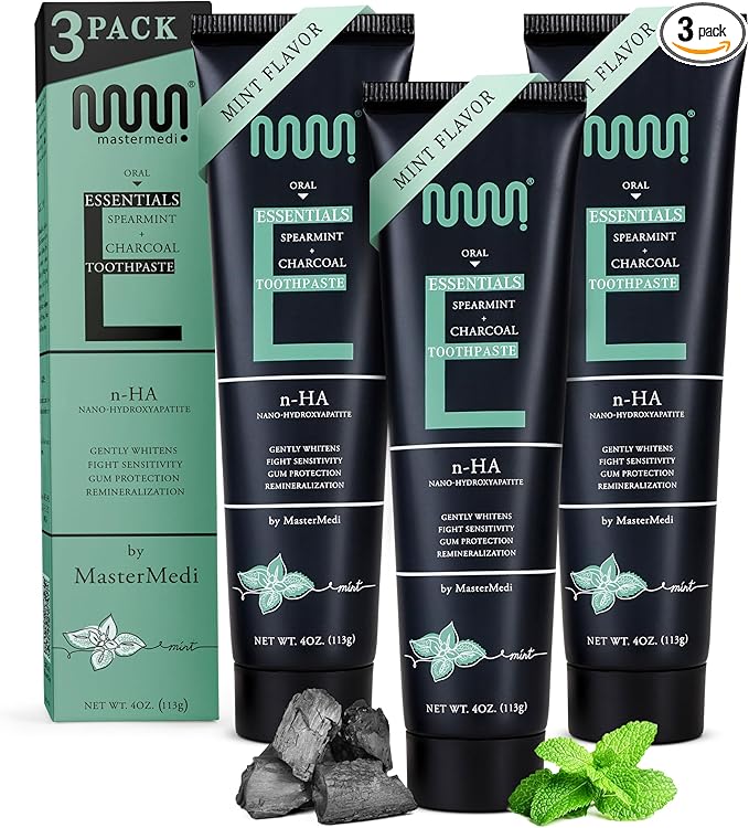 MasterMedi Charcoal Toothpaste with Nano Hydroxyapatite – Fluoride Free, SLS Free, Sensitive Whitening, Enamel Support, Spearmint Flavor, Dentist Recommended, 4 oz (Pack of 3)