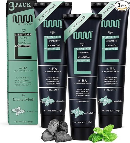 MasterMedi Charcoal Toothpaste with Nano Hydroxyapatite – Fluoride Free, SLS Free, Sensitive Whitening, Enamel Support, Spearmint Flavor, Dentist Recommended, 4 oz (Pack of 3)