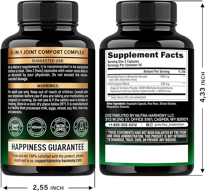 Boswellia 1200mg - Boswellia Extract | Turmeric | Hyaluronic Acid | MSM | Same - Joint Health & Comfort - Boswellia Serrata | 65% Boswellic Acid - for Men & Women - Made in USA - 120 Capsules