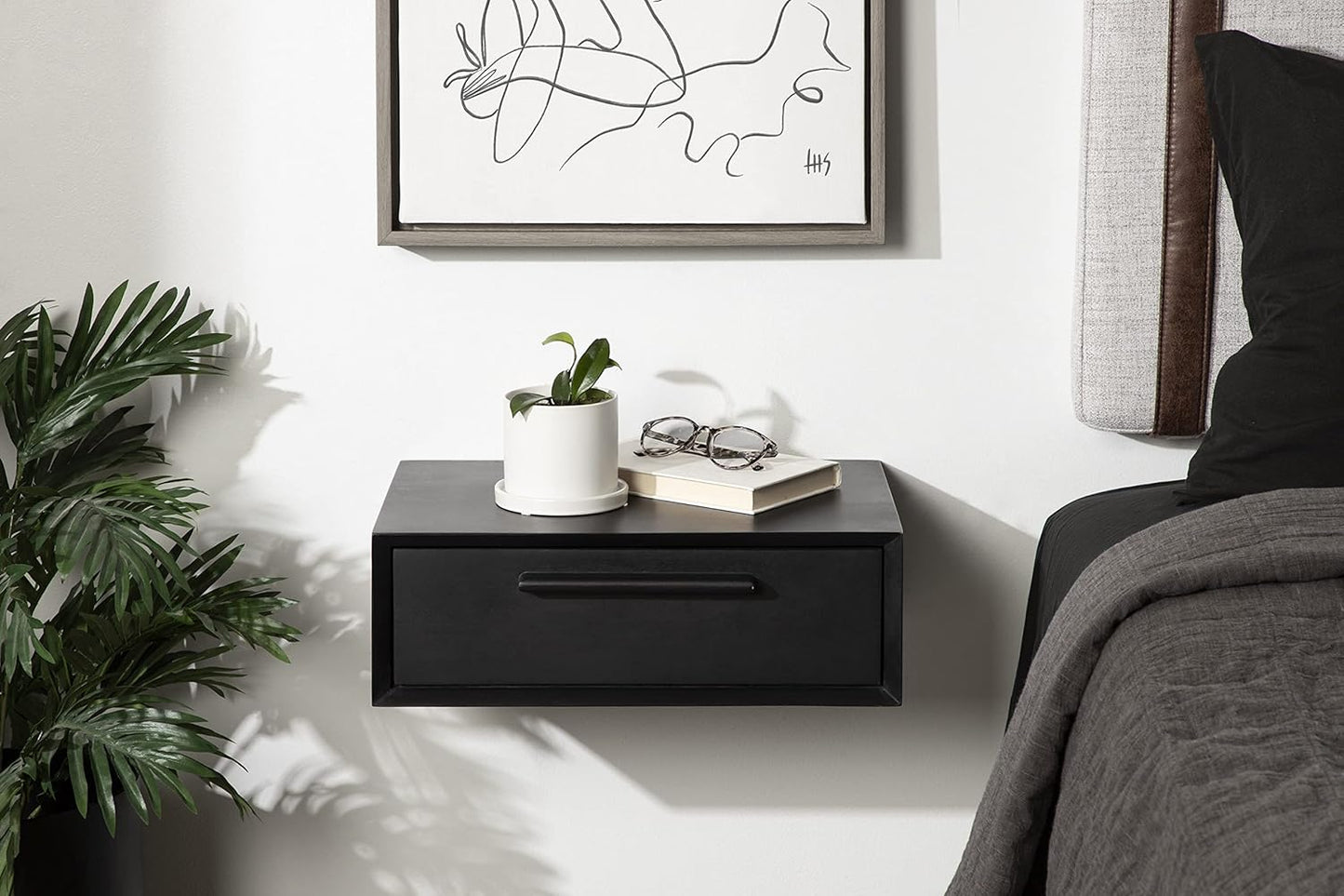 Kate and Laurel McCutcheon Floating Wood Storage Shelf, 18 x 12 x 6, Black, Decorative Transitional Floating Bedroom Nightstand with a Concealed Cubby Compartment