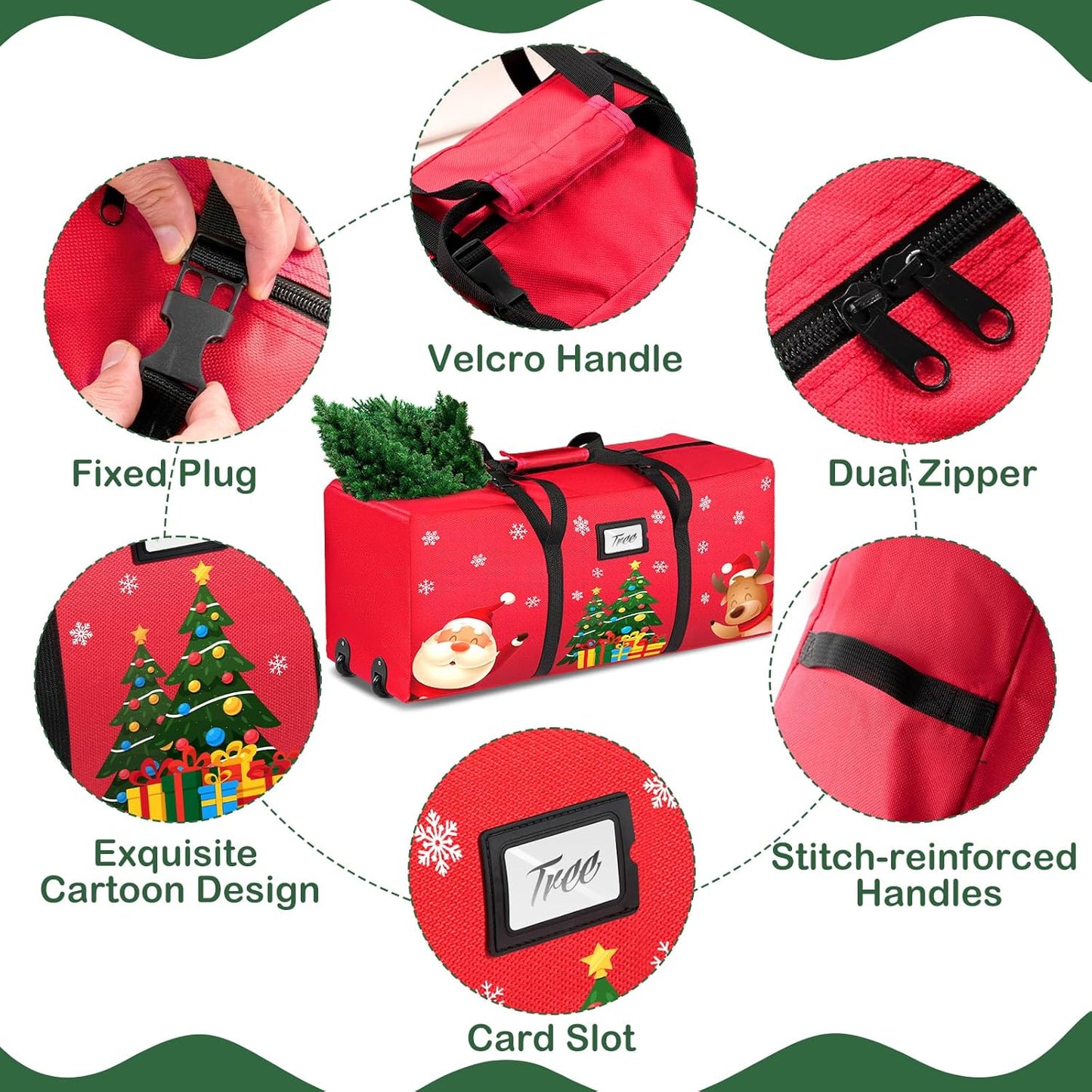 Christmas Tree Storage Bag, Fits Up to 9Ft Xmas Disassembled Tree, Heavy Duty 600D Oxford Christmas Tree Bag Storage Box with Rolling Wheels & Handles, Large Tree Bags for Storage (Red)
