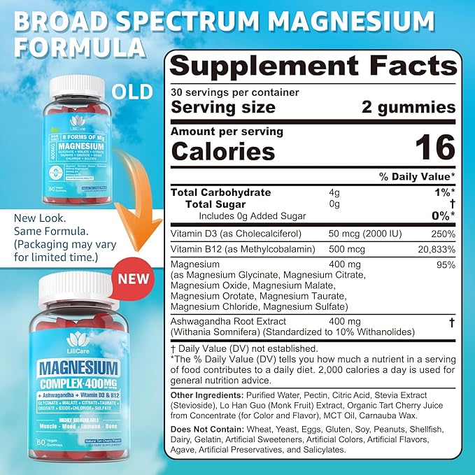 Sugar Free Magnesium Gummies for Women Men 400mg, 8 Forms of Magnesium Glycinate, Citrate, Malate & More - Calm Magnesium Complex Gummies Supplement with Magnesium Ashwagandha, D3, B12 for Relax,Vegan