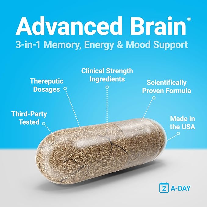 Advanced Brain - Fast Acting - Ingredients Supported by 100+ Studies - Improve Memory, Recall - Concentration - Clears Fog - Mental Clarity - Slows Cognitive Decline - 60 Count