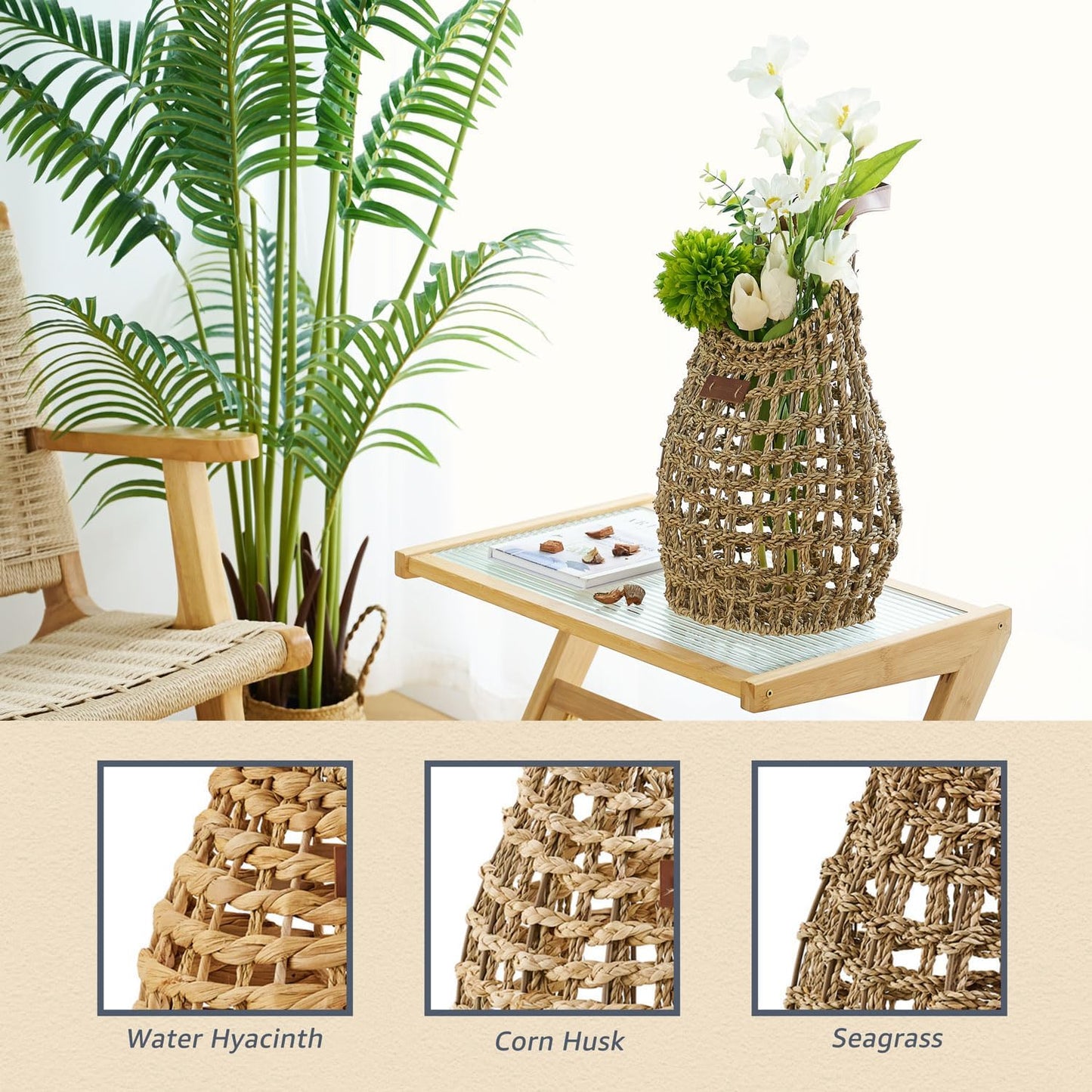 Woven Front Door Basket Water Hyacinth Wall Hanging Basket Decorative Boho Mounted Organizer for Dried Flower Plants Storage Basket for Garden, Home, and Farmhouse Décor (B_Seagrass)