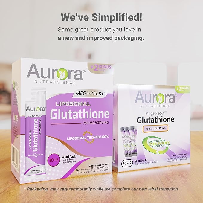 Aurora Nutrascience Mega-Liposomal Liquid Glutathione, Immune & Antioxidant Gut Health Support Supplement, 750 mg per Serving, Non-GMO, Sugar-Free, 32 Single Serve Packets
