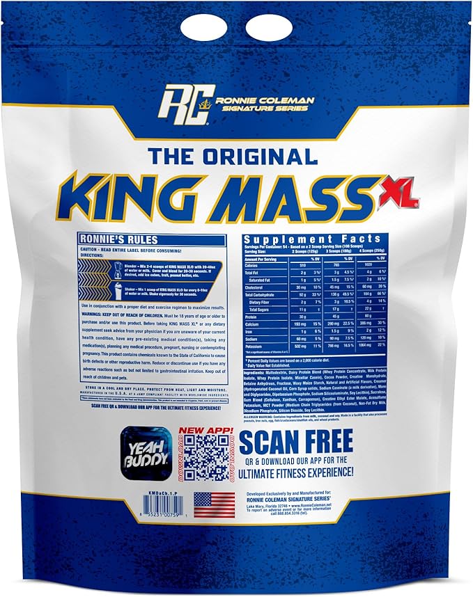 Ronnie Coleman Signature Series King Mass XL Mass Gainer Protein Powder, Muscle Gainer, 60g Protein, 180g Carbohydrates, 1,000+ Calories, Creatine and Glutamine, Dark Chocolate, 15 Pound