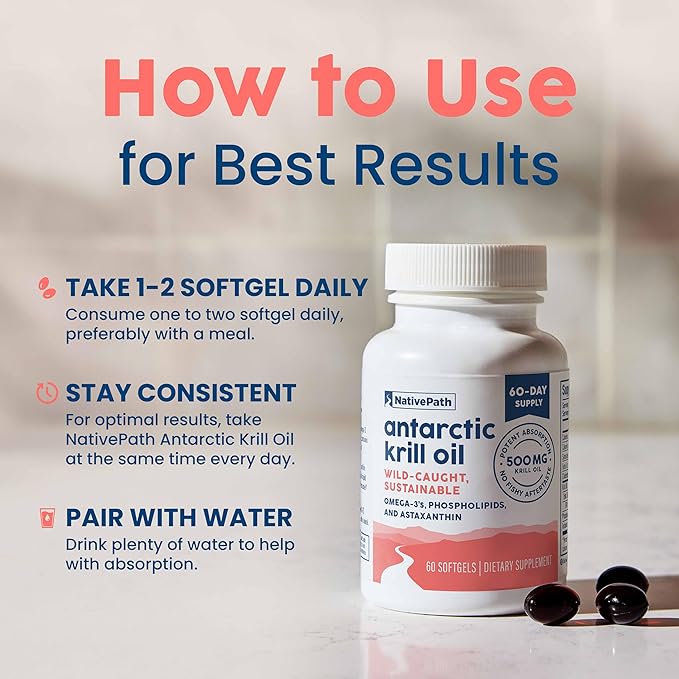 NativePath Antarctic Krill Oil - Wild-Caught Omega 3 Krill Oil 500mg Softgels with EPA, DHA and Astaxanthin - Supplement for Joint, Heart, Brain and Immunity - 60 ct - No Fishy Aftertaste