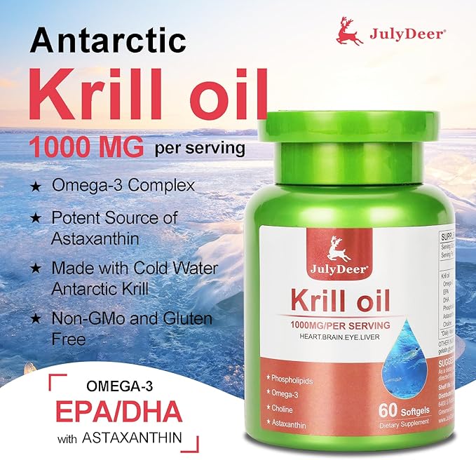 Antarctic Krill Oil 1000 mg with Omega-3s EPA, DHA, Astaxanthin and Phospholipids 60 Softgels Supplement No Fishy Aftertaste for Joint, Heart, Brain and Immunity