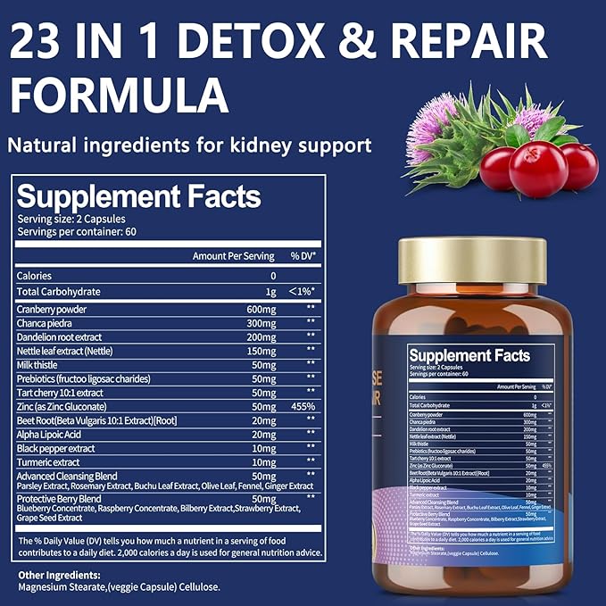 Kidney Cleanse Detox & Repair, Chanca Piedra & Cranberry Pills for Liver Support Supplement Extra Strength for Kidney Stones Dissolver, Urinary Tract Health for Woman, Vegan GMO-Free