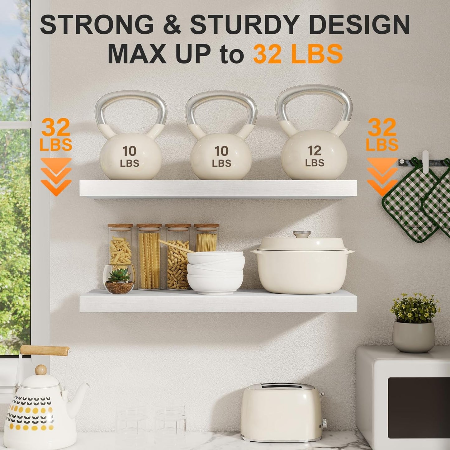 White Floating Shelves for Wall, 27.5 Inch Bathroom Shelves Set of 2, Rustic Wood Wall Shelf with Invisible Brackets for Books|Storage|Decor, 8 Inch Deep Floating Shelf for Bedroom|Kitchen