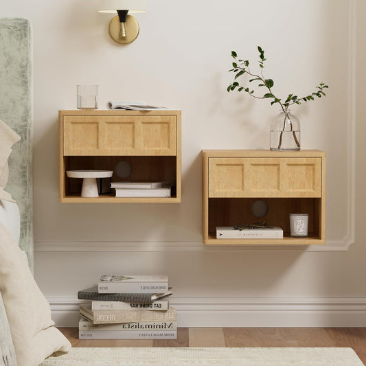 Farmhouse Floating nightstands Set of 2, Small Wall Mounted Storage Cabinet with Open Shelf, Wood Bedside End Table for Bedroom, Living Room, Natural Oak
