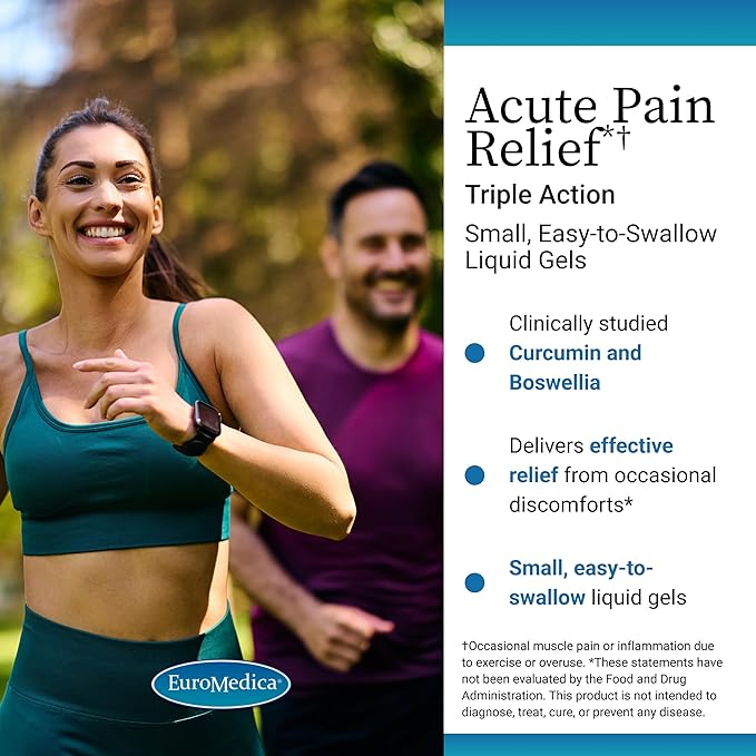 Euromedica Acute Pain Relief - Dietary Supplement with BCM-95 Curcumin & BOS-10 Boswellia - Black Sesame Seed Oil Supplement to Support Relief of Occasional Discomfort - 60 Liquid Gels