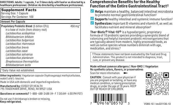 Klaire Labs SFI Health Vital-10 Probiotic - Immune & Digestive Support Supplement 5 Billion CFU 10 Species with Lactobacillus, Bifidobacterium & Streptococcus, Dairy-Free (100 Capsules, 2 Pack)