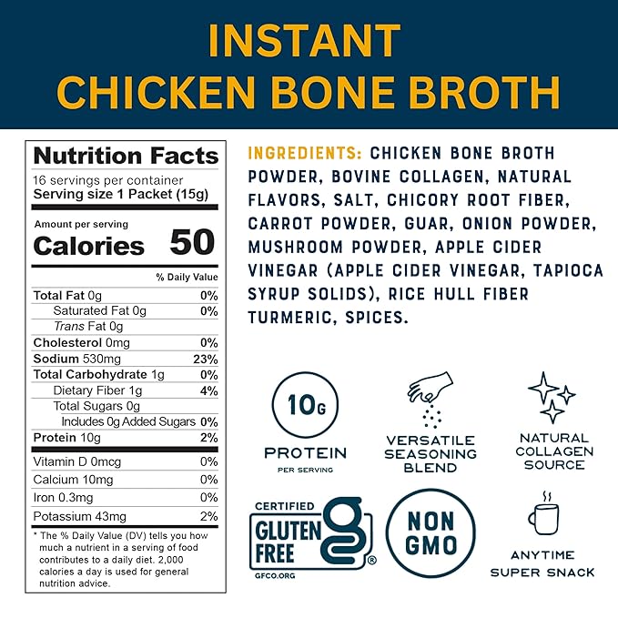 Bare Bones Chicken Bone Broth Instant Powdered Mix | Rich Savory Packets on-the-Go No Artificial Flavors | Keto & Paleo Friendly | 10g Protein | 32 Pack