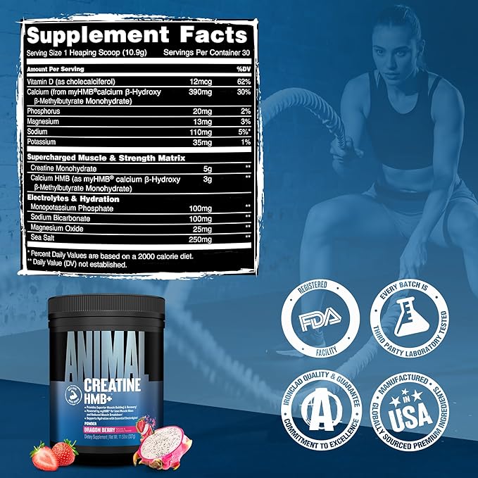 Animal Creatine HMB Powder – 5g Creatine + 3g myHMB with Electrolytes for Lean Muscle, Recovery & Daily Energy – Dragon Berry Flavor, 30 Servings