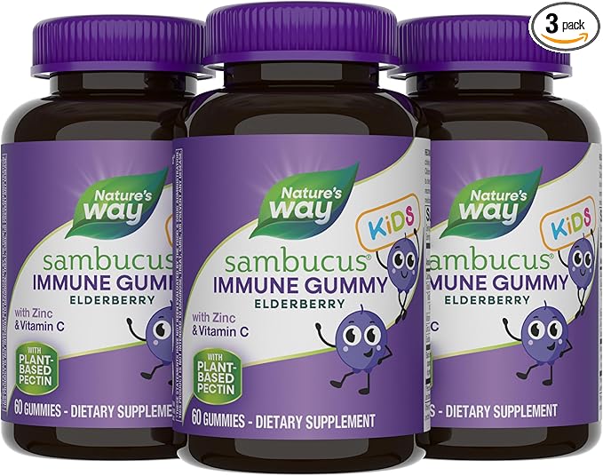 Nature's Way Sambucus Elderberry Immune Gummies for Kids with Black Elderberry Extract, Vitamin C and Zinc, Immune Support Gummies*, 60 Count (Set of 3)
