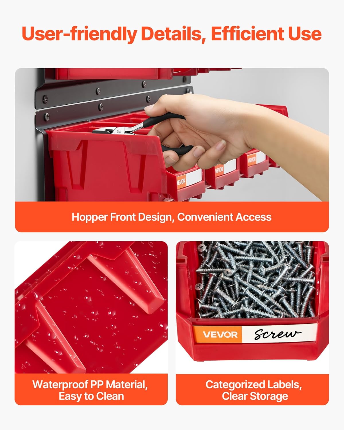 VEVOR Wall Mounted Storage Bins, 12 Plastic Bins & 3 Metal Rails, Plastic Hanging Stackable Storage Bin for Screws, Nuts, Bolts, Nails, Hardware Tool Organizer for Workshop, Craft Room, Garage, Red