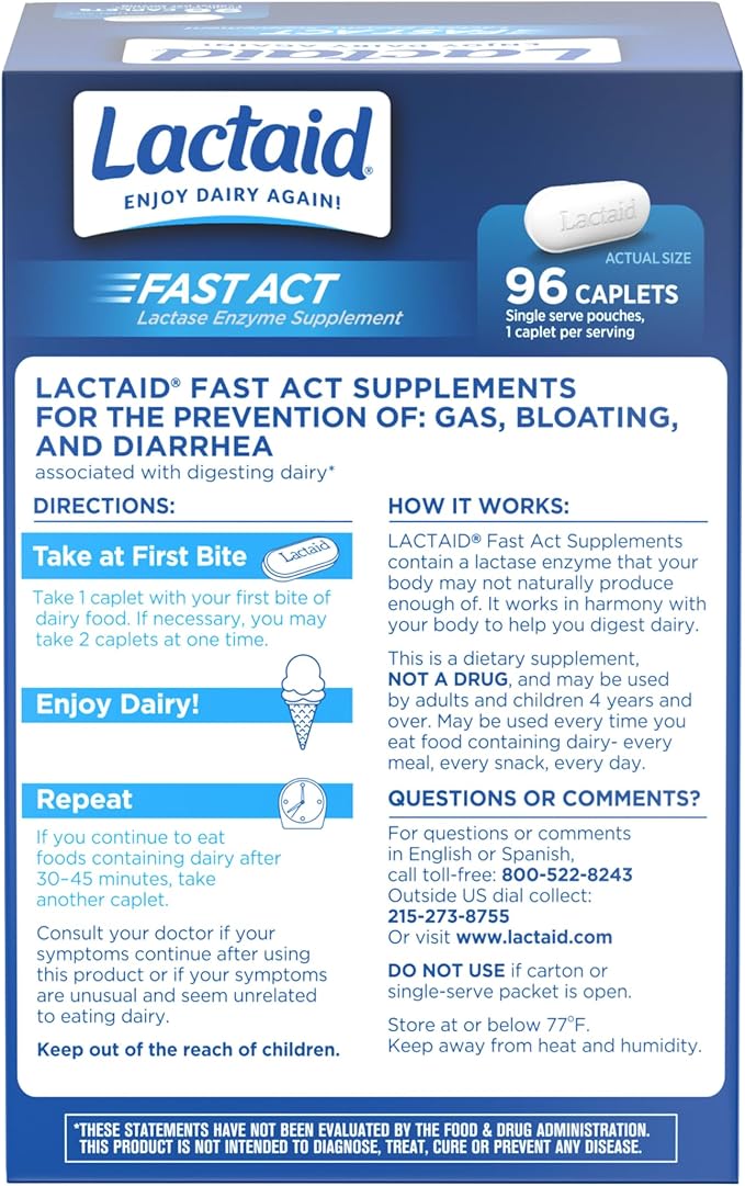 Lactaid Fast Act Lactose Intolerance Caplets with Lactase Enzyme, Dairy Relief from Gas, Bloating & Diarrhea, 9000 FCC Lactose Intolerance Pills, 96 Individual Travel On-The-Go Packs (96 x 1 ct)