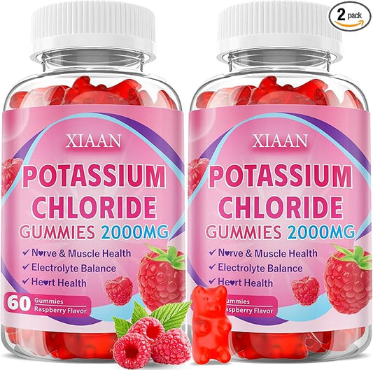 Potassium Gummies for Women & Men, High Dose 2000mg Potassium Chloride Supplement Gummies for Leg Cramps & Electrolyte Balance, Vegan/Sugar-Free/Gluten Free, Raspberry Flavor 120 Count