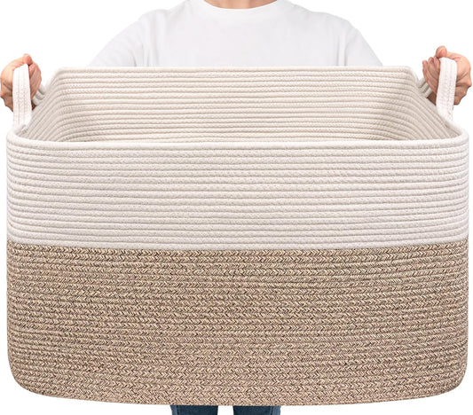 Goodpick Extra Large Woven Blanket Basket, 23.6" x 15.7" x 13.8" Storage Organizer for Blankets, Toys, Dirty Clothes, Rectangle Cotton Rope Basket for Living Room, Nursery, Bedroom