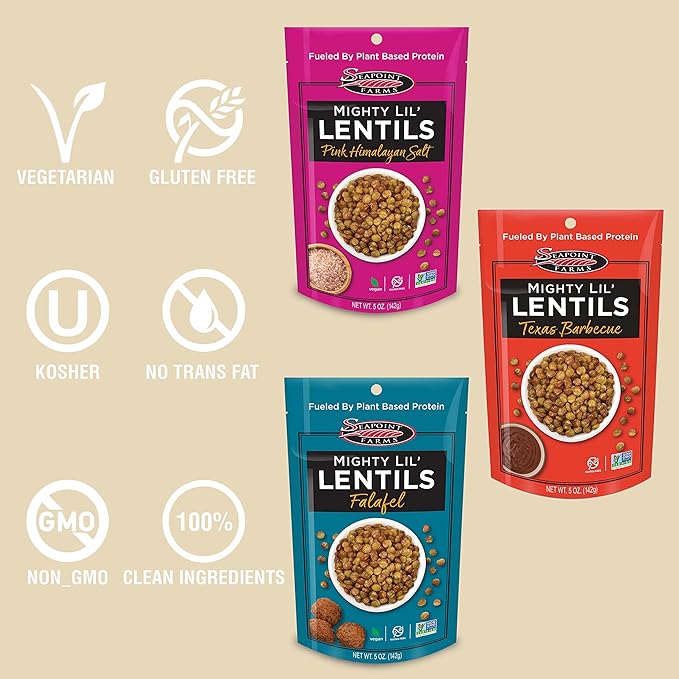 Seapoint Farms Mighty Lil’ Lentils, Variety Pack, Plant Based Protein, Gluten-Free, Non-GMO, and Kosher Crunchy Snack for Healthy Snacking, 5 oz (Pack of 3)