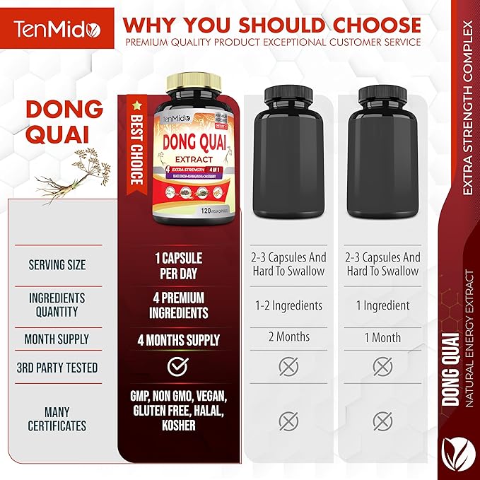 Dong Quai Supplement Extract Capsules, 4 Months Supply with Black Cohosh, Chasteberry, Ashwagandha - 120 Vegan Capsules