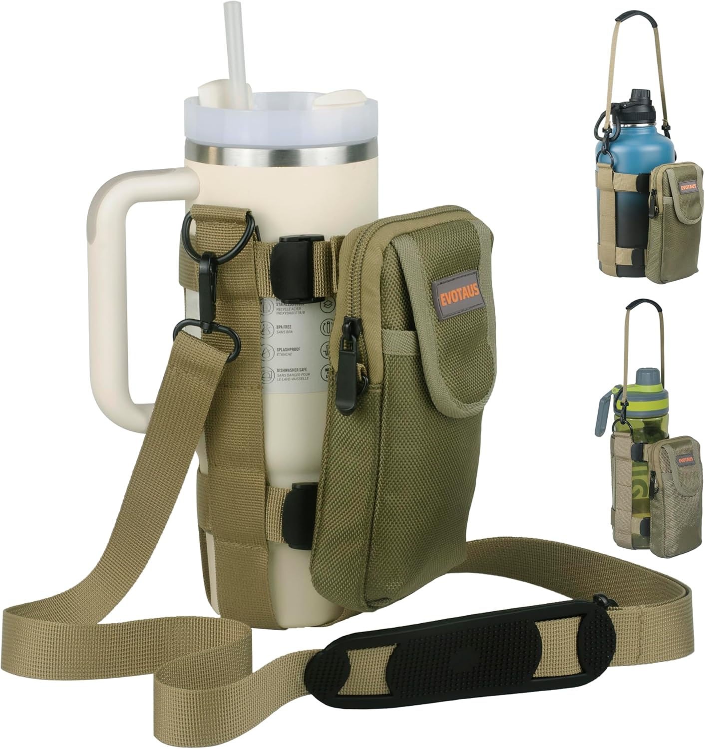 MOLLE Water Bottle bag - Bottle Holder Carrier Sling with Strap for Walking - Manual Strap Adjustment for Precise Fit of Most 18-64 oz Bottles (Check Size Fit Guide), Khaki