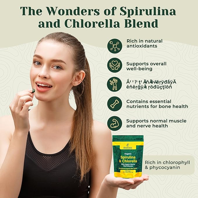 Biogenesis Organic Spirulina, Chlorella & Marine Plant Minerals - 1000 Count (200 mg) | Australian Grown Algae Superfood | Support Energy & Immunity | Vegan Mini Tablets