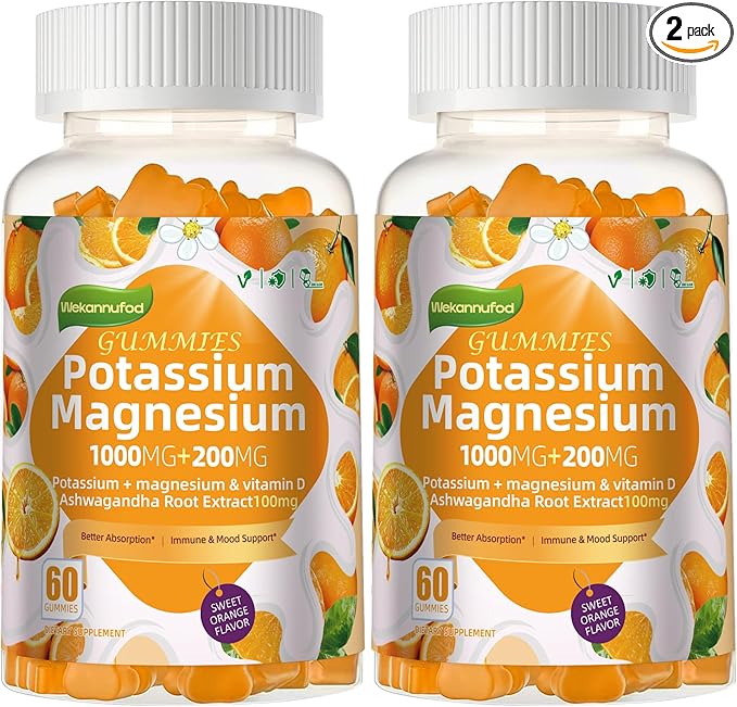 Potassium Magnesium Gummies,High Absorption Magnesium Glycinate,B6,D3,Potassium Citrate for Leg Cramps,Muscle,Electroyte for Adults Kids,Sugar-Free, 120 Gummies (Sweet Orange Flavor)