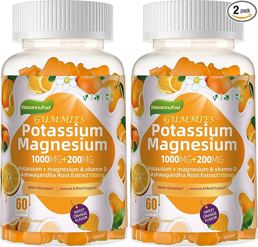 Potassium Magnesium Gummies,High Absorption Magnesium Glycinate,B6,D3,Potassium Citrate for Leg Cramps,Muscle,Electroyte for Adults Kids,Sugar-Free, 120 Gummies (Sweet Orange Flavor)