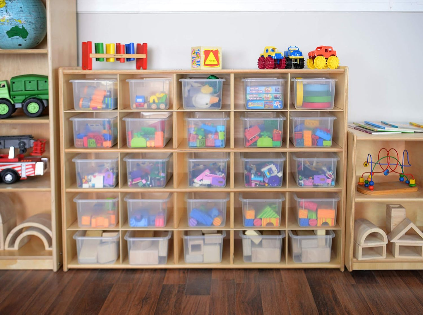 Contender 25 Cubbies Storage Cabinet with Assorted Color Trays, Kids Toys, Art and Craft Shelving Unit, Hardwood Shelf for Kindergarten, Homeschool, Office