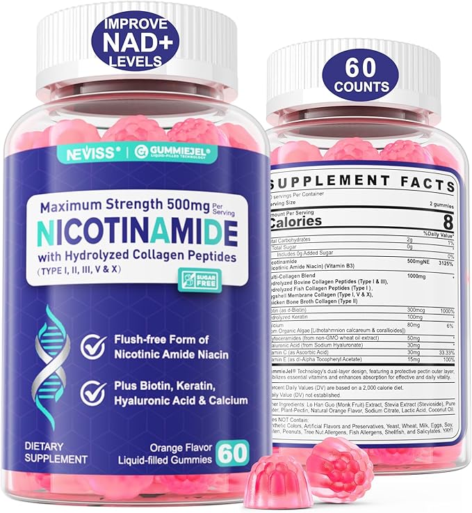 Nicotinamide 500mg Gummies, NAD+ Supplement for Women & Men w/Collagen Peptides, (Flush Free Niacin) Vitamin B3 Niacinamide for Anti-Aging, NAD+ Levels, Longevity, Focus & Brain, Sugar Free, 60Cts